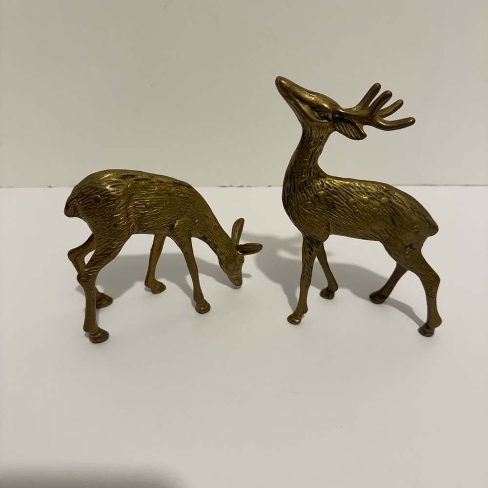 MCM Brass Spotted Buck Doe Deer Statue Reindeer Figurine Set Of 2 Vintage
